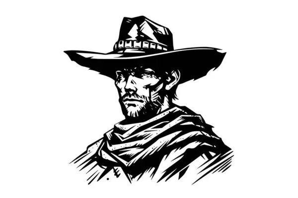 Sceriffo Cowboy Busto Testa Cappello Stile Incisione Schizzo Inchiostro Disegnato — Vettoriale Stock
