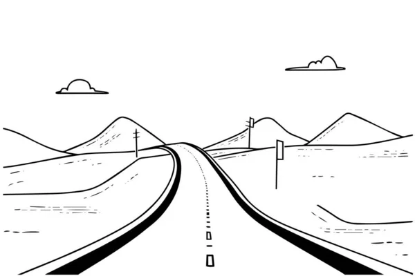 Camino Del Desierto Dibujado Mano Tinta Bosquejo Carretera Paisaje Ilustración Gráficos Vectoriales