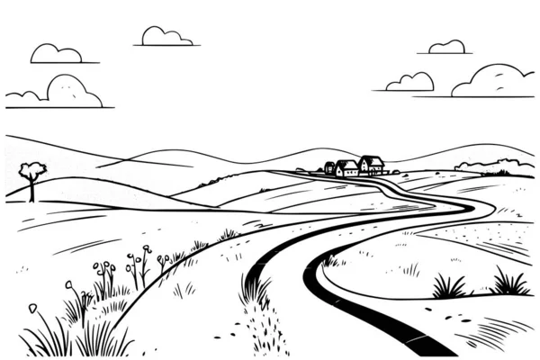 Camino Del Desierto Dibujado Mano Tinta Bosquejo Carretera Paisaje Ilustración Ilustración De Stock