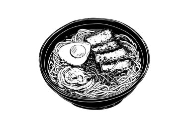 Ramen Erişte Japon Gıda Vektörü İşleme Tarzı Çizimi. Mürekkep Taslak Logosu veya Menü Kavramı