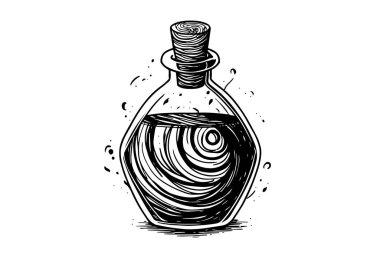 Magic bottle with potion hand drawn ink sketch. Engraved style vector illustration