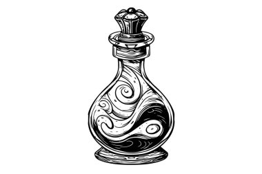 Magic bottle with potion hand drawn ink sketch. Engraved style vector illustration clipart