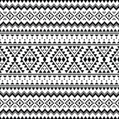Geometrik etnik kalıplar Amerikan yerlilerinin tarzında. Siyah ve beyaz renkli kabile Aztek motifli pikseller. Tekstil, kumaş, giysi, perde, halı, süs, duvar kağıdı için tasarım.