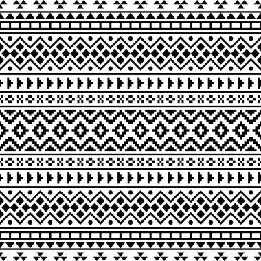 Kusursuz etnik desenli geometrik süs tasarımı. Kabile Aztek Navajo tarzı. Siyah ve beyaz renkler. Tekstil, kumaş, giysi, perde, halı, batik, süs, arkaplan, ambalaj tasarımı.