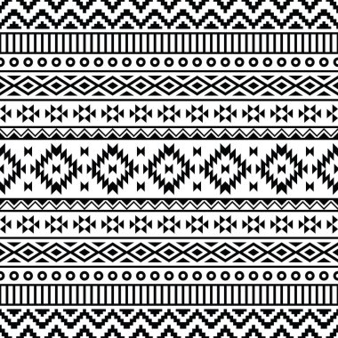 Geometrik dikişsiz arka plan tasarımı. Etnik model. Sınır süsü. Amerikan yerlisi, Navajo, Aztek, Meksikalı. Siyah ve beyaz renkler. Tekstil, kumaş, perde, halı, süs, arkaplan tasarımı.