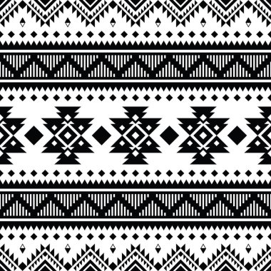 Geometrik süslemeli kusursuz kabile deseni. Aztec ve Navajo tarzında halk sanatı. Etnik baskı. Siyah ve beyaz renkler. Tekstil, kumaş, perde, halı, ambalaj için tasarım.
