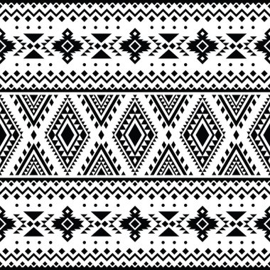 Kusursuz etnik düzen. Navajo kabilesinin tarzı. Yerli Amerikan motifi. Geometrik şekillerde halk tasarımı. Siyah ve beyaz. Tekstil, kumaş, kıyafet, perde, halı, süs, arkaplan için tasarım.