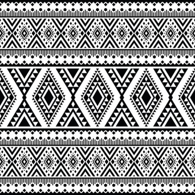 Etnik tarzda tasarlanmış vektör illüstrasyonu. Kusursuz geometrik desen. Navajo ve Aztek kabilesi motifi. Siyah ve beyaz. Tekstil, kumaş, kıyafet, perde, halı, süs, arkaplan için tasarım.