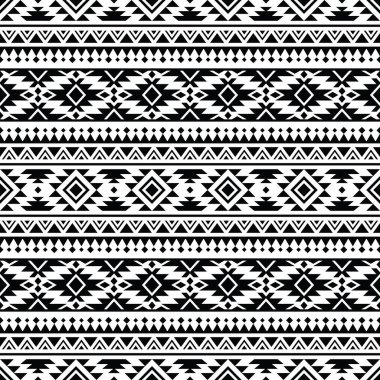 Soyut etnik geometrik arka plan çizimi. Aztek kabilesinin kusursuz deseni. Siyah ve beyaz renkler. Tekstil, kumaş, giysi, perde, halı, süs, duvar kağıdı, ambalaj için tasarım.