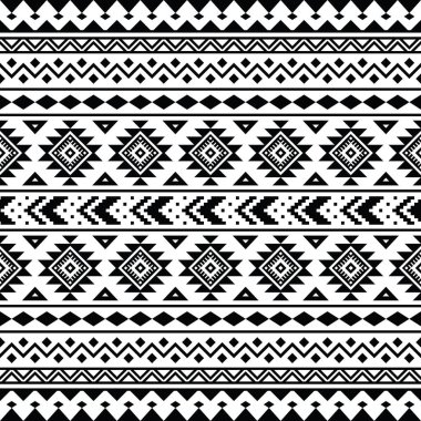 Amerikan Yerlisi tarzında kusursuz bir etnik düzen. Geometrik kalıp kabile tarzında. Aztec Navajo. Siyah ve beyaz renkler. Tekstil, kumaş, giysi, perde, halı, süs, duvar kağıdı için tasarım.