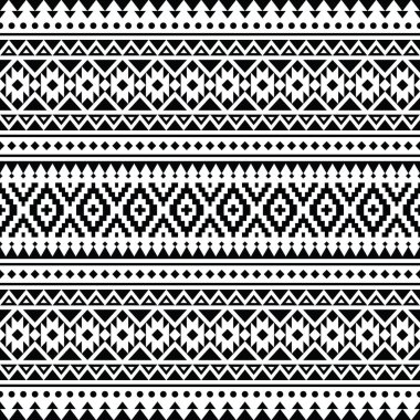 Etnik, kusursuz geometrik desen. Aztek kabilesinin soyut vektör dokusu. Siyah ve beyaz renkler. Tekstil, kumaş, kıyafet, perde, halı, süs, duvar kağıdı, arkaplan, kağıt.