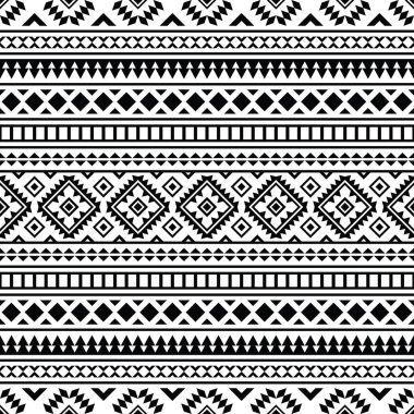 Dikensiz desenli geometrik kabile süsü tasarımı. Etnik Aztek Navajo tarzı. Siyah ve beyaz renkler. Tekstil, kumaş, giysi, perde, halı, batik, süs, arkaplan, ambalaj tasarımı.