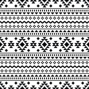 Geometrik folklor, kusursuz etnik model. Aztek Navajo kabilesi tarzı. Siyah ve beyaz renkler. Tekstil, kumaş, dokuma, kapak, halı, dekoratif, arkaplan.