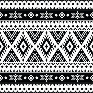 Aztek geometrik kusursuz etnik model. Siyah ve beyaz renkler. Geleneksel süs. Tekstil, kumaş, kıyafet, perde, halı, batik, süs, arkaplan, ambalaj, kağıt, duvar kağıdı için tasarım.