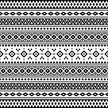 Etnik geometrik Amerikan Yerlisi desen tasarımı. Aztek tarzında kabilenin kusursuz çizgili deseni. Siyah ve beyaz. Tekstil, kumaş, giysi, perde, halı, süs, duvar kağıdı, ambalaj için tasarım.