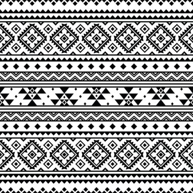 Benzersiz etnik zemin tasarımı olan kusursuz bir sınır düzeni. Aztek Navajo kabilesi tarzı. Siyah ve beyaz renkler. Tekstil, kumaş, perde, halı, batik, süs, arkaplan, ambalaj için tasarım.
