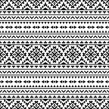 Retro pürüzsüz etnik model. Yerli Amerikan kabilesinin nakış desenleri. Siyah ve beyaz renkler. Tekstil, kumaş, dokuma, kapak, halı, süs, arkaplan için tasarım.