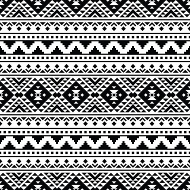 Geometrik dikişsiz sınır deseni. Aztec ve Navajo kabilesi eski tarz. Etnik süs deseni. Siyah ve beyaz renkler. Şablon, kumaş, dokuma, kapak, halı, fayans, aksesuar için tasarım.