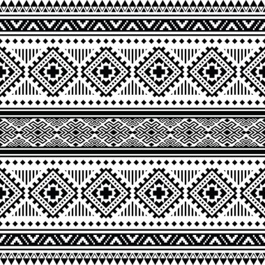Kusursuz etnik düzen. Navajo ve Aztek kabilesi tarzında vektör illüstrasyonu. Kumaş baskısı için geometrik soyut doku tasarımı. Siyah ve beyaz renkler.