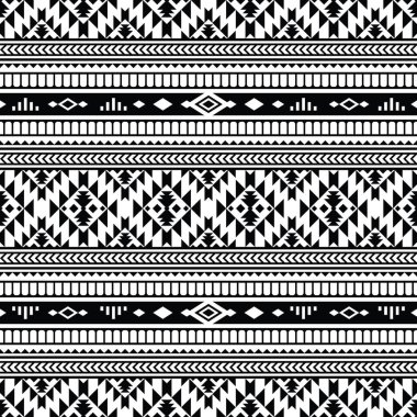 Kusursuz kabile tarzına sahip yerli Amerikan geometrik soyutu. Tekstil ve kumaş izleri için etnik model tasarımı. Siyah ve beyaz renkler.