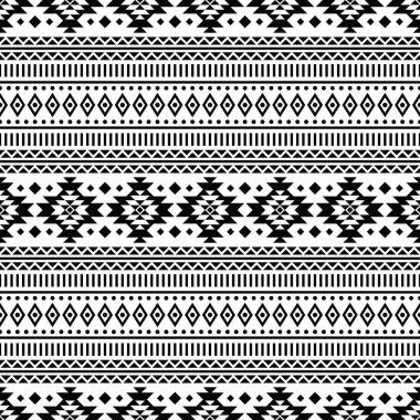 Aztec ve Navajo kabilesinin vektör çizimi. Tekstil ve kumaş izleri için kusursuz etnik model tasarımı. Siyah ve beyaz renkler.