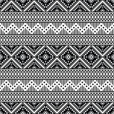 Etnik tarzda soyut geometrik arkaplan çizimi. Tekstil ve dekoratif için kusursuz bir Aztek kabile tasarımı örneği. Siyah ve beyaz renkler.