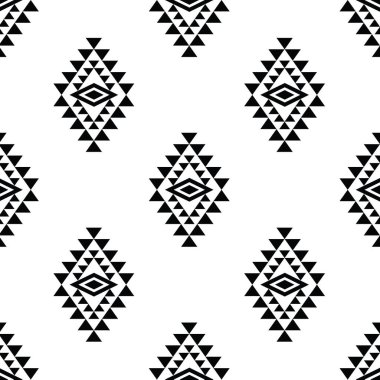 Etnik geometrik kusursuz tekrarlama kalıbı. Aztec ve Navajo kabilesi tarzında yerli bir model. Siyah ve beyaz renkler. Tekstil, kumaş, dokuma, kapak, halı, dekoratif, arkaplan.