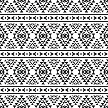 Siyah ve beyaz renklerde kusursuz çizgili Aztek kabile vektörü. Tekstil şablonu ve baskı kumaşı için soyut etnik geometrik resim baskısı tasarımı.