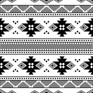 Amerikan Yerlisi tarzında kusursuz bir etnik düzen. Moda ve baskı kumaşı için Aztek ve Navajo kabile tasarımlı geometrik desen. Siyah ve beyaz renkler.