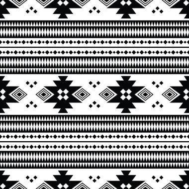 Etnik, kusursuz geometrik desen. Baskı kumaşı ve moda için soyut vektör tasarımı. Siyah ve beyaz renkli Aztek kabilesi tarzı.