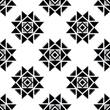 Baskı için etnik geometrik sanat. Kusursuz soyut tekrarlama şablonu. Aztec ve Navajo kabile tarzı. Siyah ve beyaz renkler. Tekstil, şablon, kumaş, gömlek, halı, dekoratif, arkaplan.