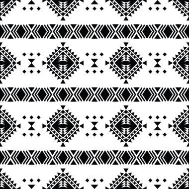 Aztec ve Navajo kabilesinin geometrik arka planı vektör tarzında. Etnik, pürüzsüz şerit deseni. Tekstil şablonu ve baskı kumaşı için geleneksel dekorasyon motifi tasarımı. Siyah ve beyaz renkler.