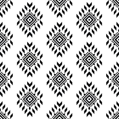 Geometrik kabile süsü tasarımı ve kusursuz bir tekrarlama şekli var. Aztec ve Navajo etnik tarzı. Siyah ve beyaz. Tekstil, kumaş, perde, halı, gömlek, çerçeve için tasarım.