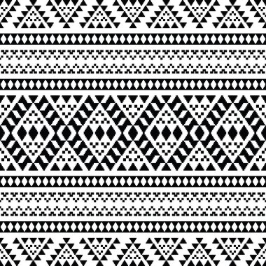 Soyut geometrik desenli kusursuz etnik pikseller. Kızılderili vektör illüstrasyonu. Navajo ve Aztek motifleri kumaş ve giysi baskısı için tasarlandı. Siyah ve beyaz renk.