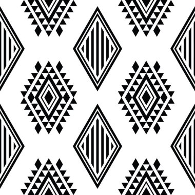 Halk sanatı tarzında kusursuz bir tekrarı var. Etnik geometrik soyut arkaplan tasarımı. Aztek Navajo ve Kızılderili motifleri. Tekstil, kumaş, perde, gömlek, çerçeve için tasarım.