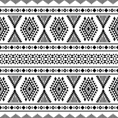 Aztec ve Navajo kabilesinin arka plan vektörü. Kusursuz yerli etnik model. Baskı kumaşı ve giysi için geometrik tasarım. Siyah ve beyaz renk.