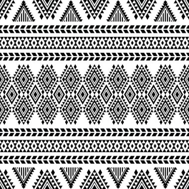 Kusursuz kabile geometrik deseni. Etnik motifli bir vektör. Parmak izi kumaşı ve giysi için Amerikan yerlileri için resim tasarımı. Siyah ve beyaz renk.