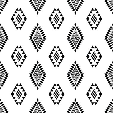 Etnik soyut tekrarlanan geometrik motif. Kusursuz Amerikan Yerlisi modeli. Kabile tarzında vektör illüstrasyonu. Siyah ve beyaz. Tekstil, kumaş, perde, gömlek, çerçeve için tasarım.