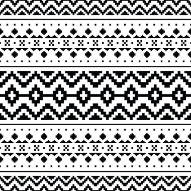 Yerli kabile kusursuz piksel deseni. Soyut dekoratif stil. Tekstil ve nakış için geometrik etnik motif tasarımı. Siyah ve beyaz renk.