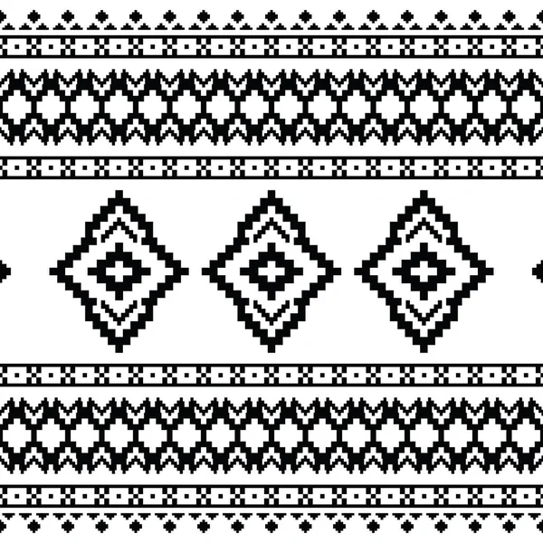 トライバル抽象的な幾何学的背景 先住民のシームレスなピクセルパターン 織物と刺繍のためのエスニックなデザイン ブラックとホワイトカラー — ストックベクタ