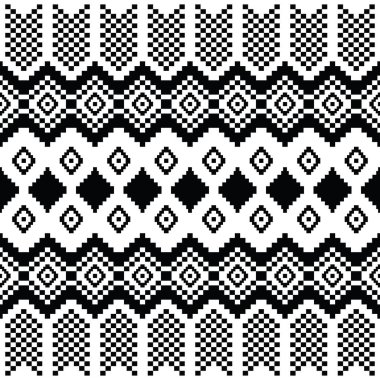 Siyah ve beyaz renklerde, soyut, pürüzsüz pikseller. Etnik tarzda. Tekstil için geleneksel kabile tasarımı.