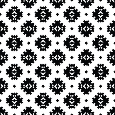 Yerli Amerikan etnik model tasarımı. Aztek tarzında kabilenin kusursuz tekrarı. Siyah ve beyaz. Tekstil, kumaş, perde, gömlek, çerçeve için tasarım.