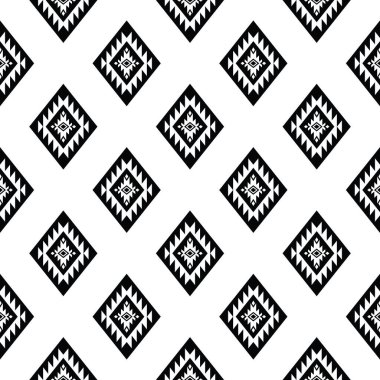 Navajo kabilesinin kusursuz tekrarı. Soyut etnik geometrik arka plan çizimi. Siyah ve beyaz renkler. Tekstil şablonu, kumaş, perde, gömlek, çerçeve için tasarım.