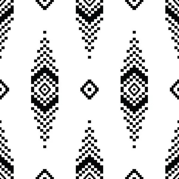部族をモチーフにした抽象的なシームレスな民族的繰り返しパターン 幾何学的なピクセルが付いているベクトル質の設計 ブラックとホワイトの色 織物テンプレート ファブリック カーテン シャツ フレームのためのデザイン — ストックベクタ