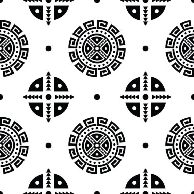 Kabilenin kusursuz tekrarı. Aztek etnik motifli bir vektör. Yerli Amerikan sanat illüstrasyonu. Tekstil şablonu için tasarım. Siyah ve beyaz.