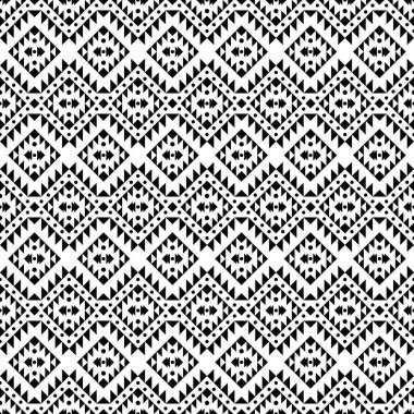 Yerli Amerikan motifi. Siyah ve beyaz, geometrik soyut ve etniksiz tekrarlanan desen. Aztek ve Navajo kabile tarzında vektör illüstrasyonu. Yazdırma kumaşı için tasarım.