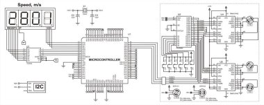 Elektronik cihazın şematik diyagramı ve mikro kontrollü motor sistemi. Düğme, denetleyici, Lcd görüntüleme ve elektronik bileşenlerle elektrik devresi çizen vektör.