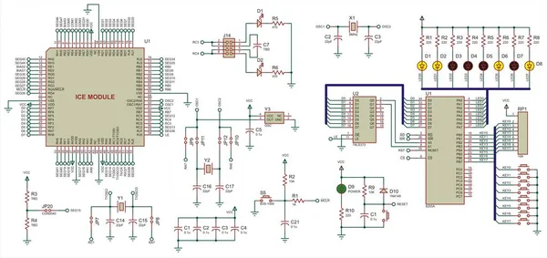 マイクロコントローラの制御下で動作する鉛インジケータを備えたデジタル電子デバイスのベクトル電気回路図 — ストックベクタ
