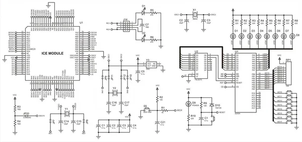 带前导指示器的数字电子设备的矢量电气原理图 在微控制器的控制下工作 — 图库矢量图片