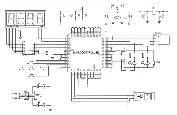 Anslutning Kringutrustning Terminal Tangentbord Display Usb Till Mikrokontrollen Elektriskt Diagram — Stock vektor
